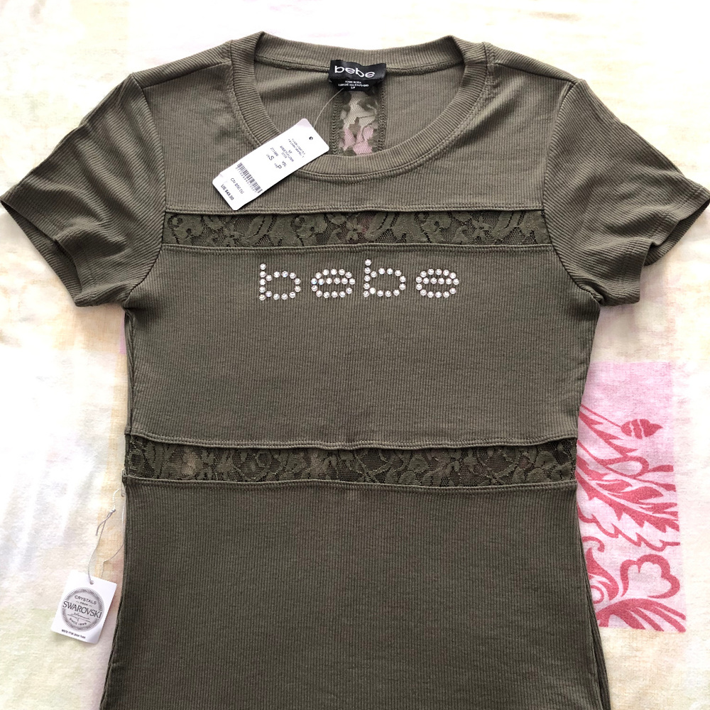 BEBE T-shirt Logo Crystals Size SMALL Olive NEW